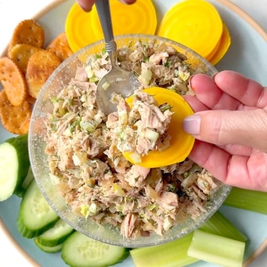Tuna salad on a golden beet slice