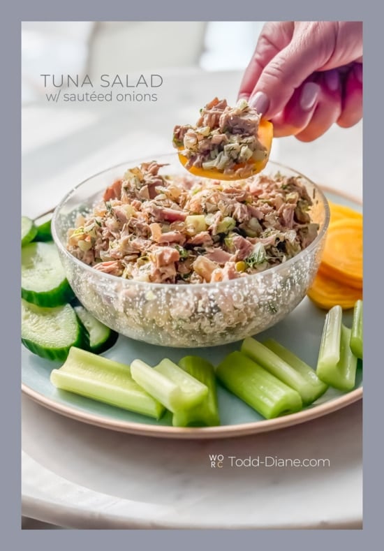 holding tuna salad with sauteed onions 