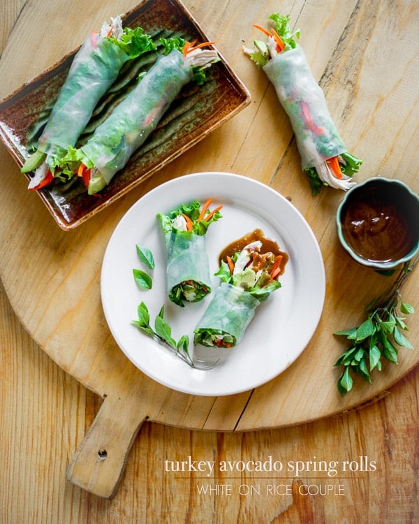 Fresh Turkey Spring rolls with Avocado on a plate