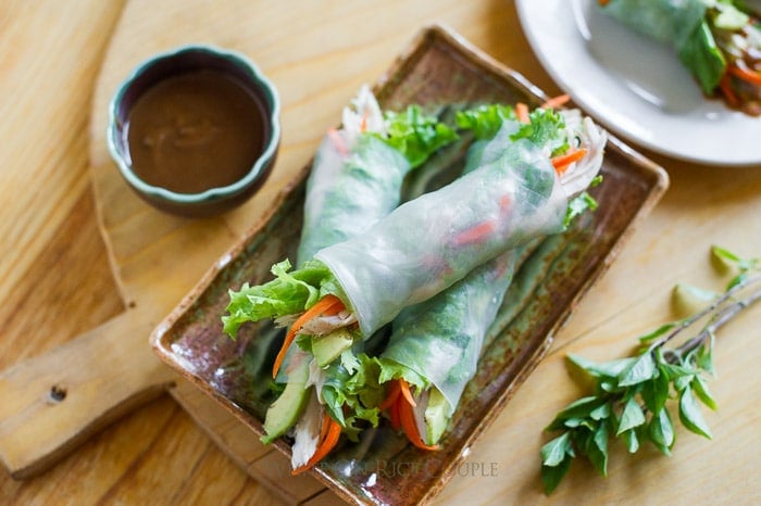 healthy turkey spring rolls recipe or turkey summer rolls on a serving plate