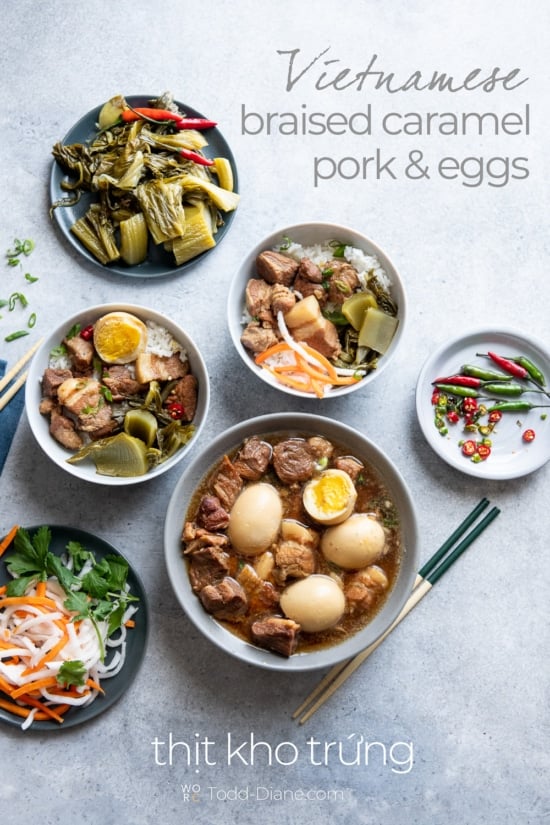 Vietnamese braised caramel pork and eggs in bowl. thịt kho trứng 