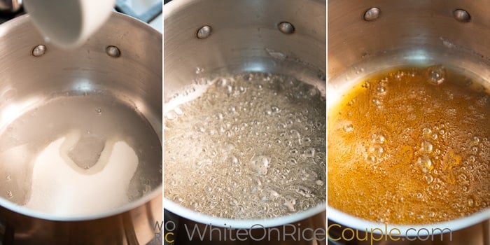 making the caramel in the pan