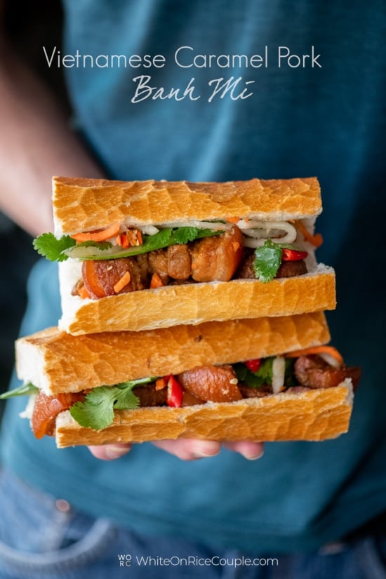 Vietnamese Caramel Pork Banh Mi being held by hands