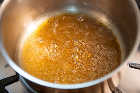 Caramel cooking in a pot