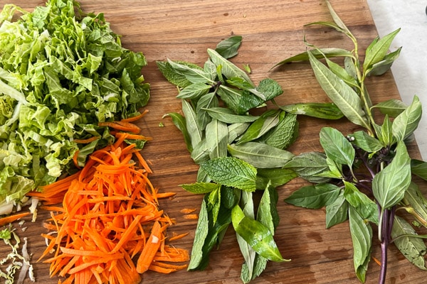 Prepped veggies on a board
