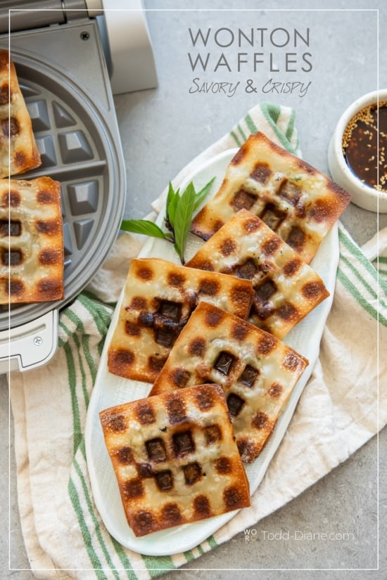 savory wonton waffles on platter with dip