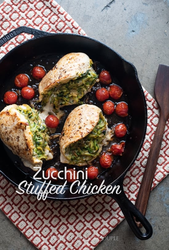 Zucchini Stuffed Chicken Breasts in a skillet