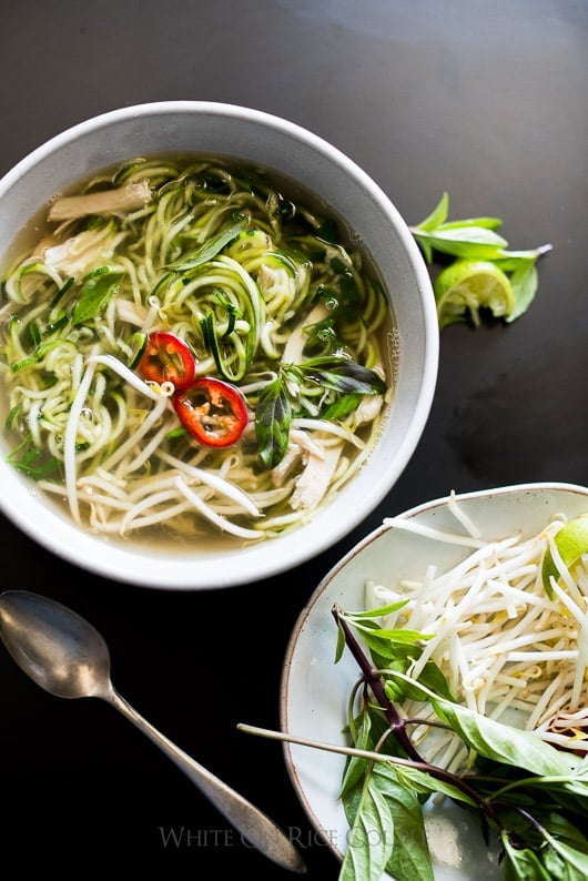 Zucchini noodle chicken pho soup in a bowl