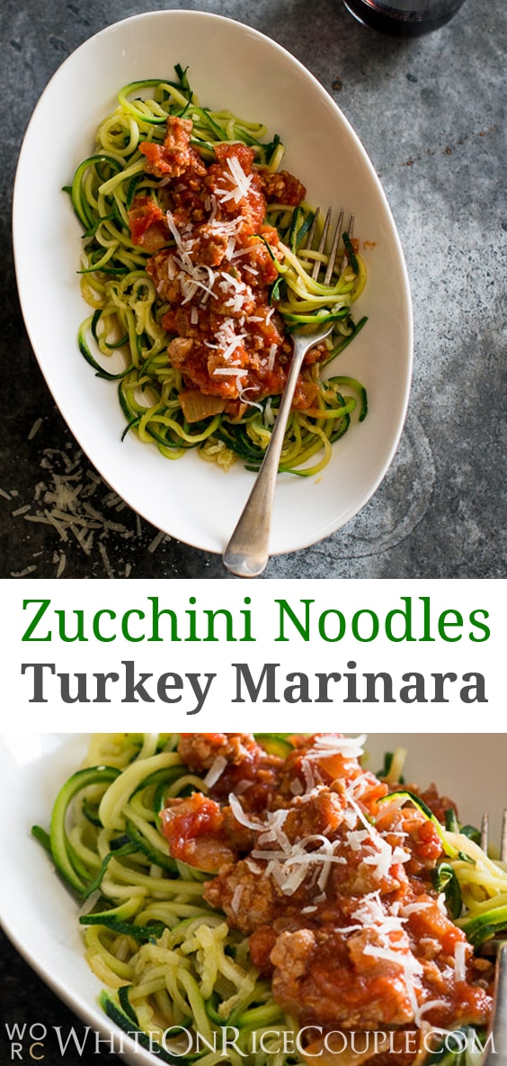 Healthy Zucchini Noodles with Turkey Marinara Sauce recipe on @whiteonrice