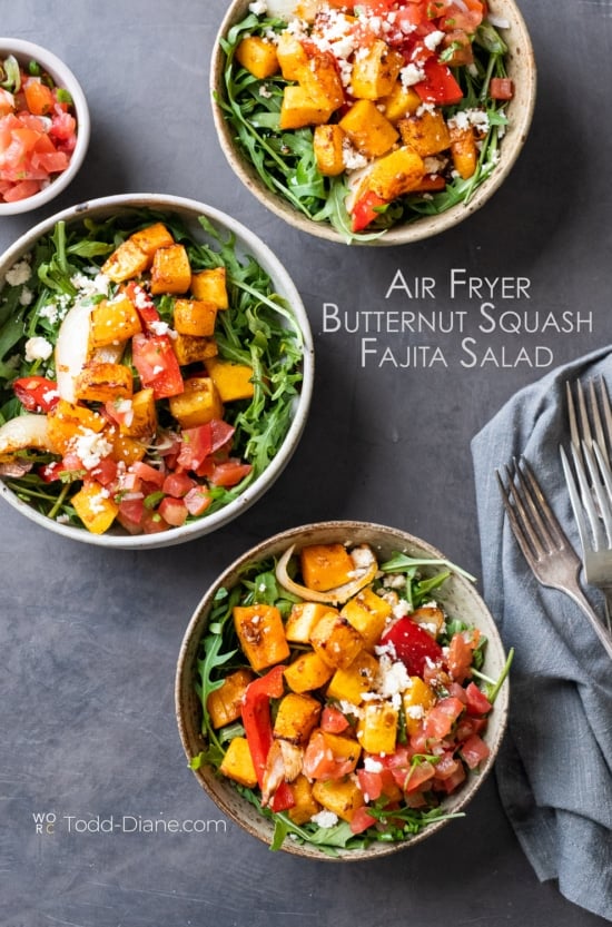 air fryer butternut squash fajita salad in bowls 