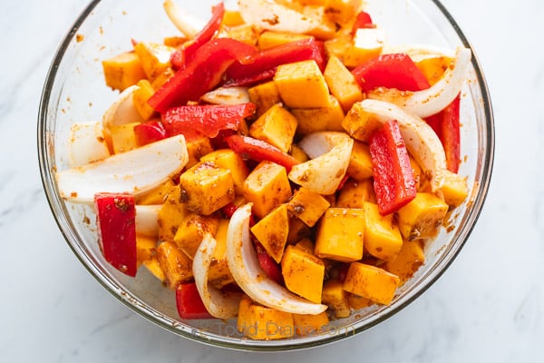 marinated butternut squash fajita mix in bowl
