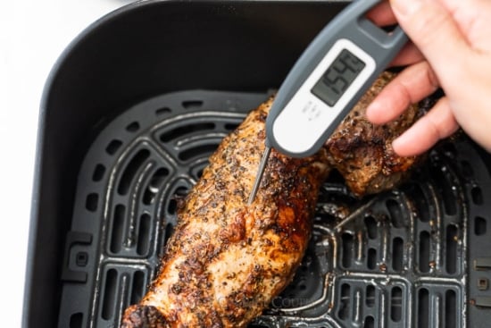 Checking internal temperature of pork with instant read thermometer