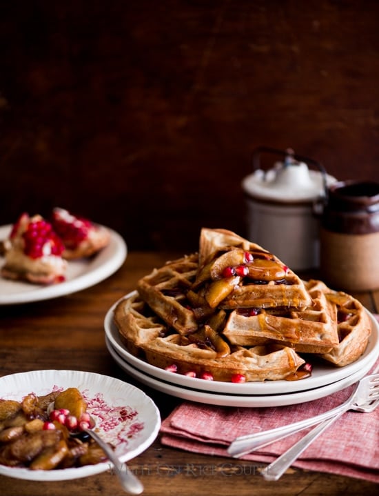 Apple Cider Waffles Recipe with Cinnamon Apples, Pomegranates