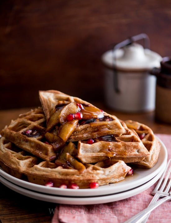 Apple Cider Waffles with Sauteed Apples & Pomegranates from WhiteOnRiceCouple.com