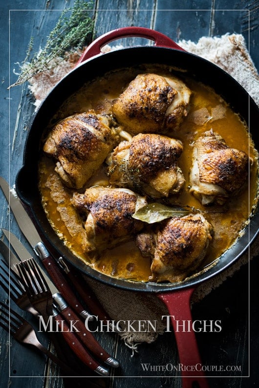 Baked Milk Chicken Thighs in Milk in a skillet