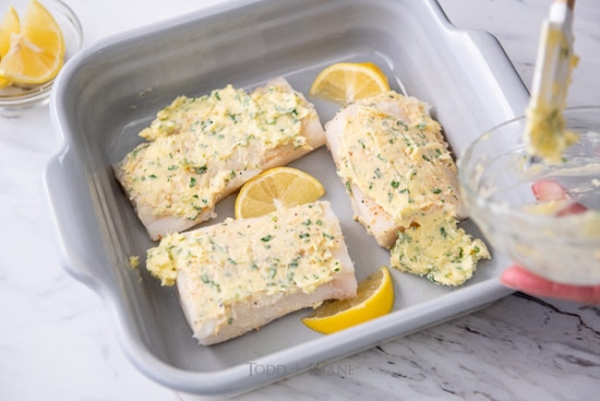 buttered cod fillets in pan