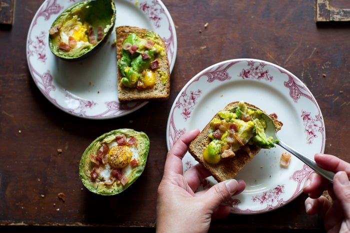 Baked Eggs in Avocado with Bacon on Toast