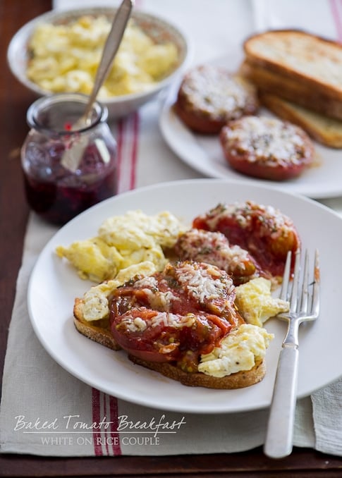 Baked Tomatoes on toast on a plate