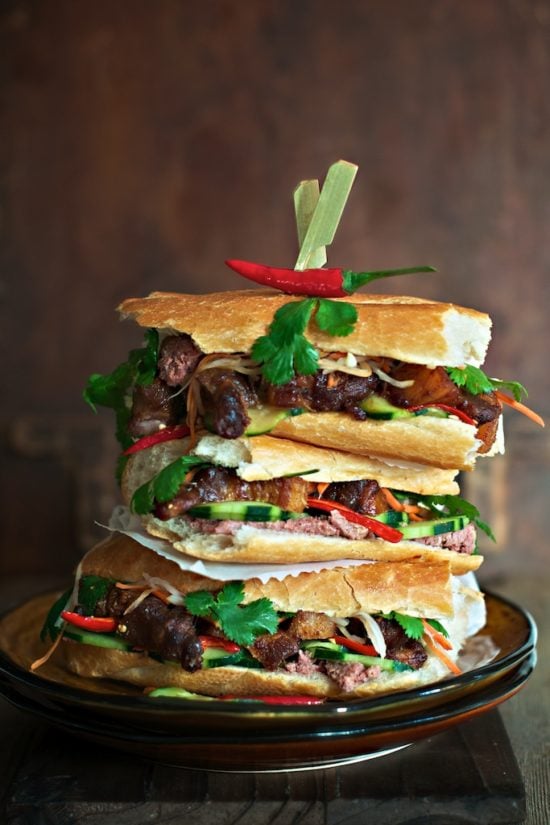 plate of stacked banh mi pork sandwiches from whiteonricecouple.com