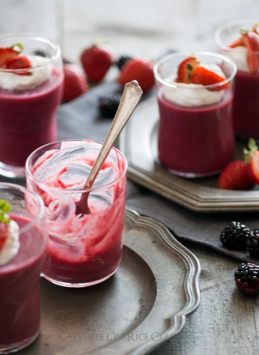 Easy Strawberry Blackberry Pudding in a glass cup with a spoon