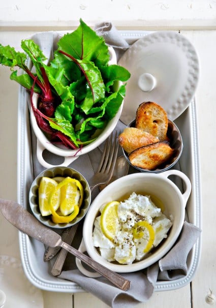 beet greens crostini with goat cheese