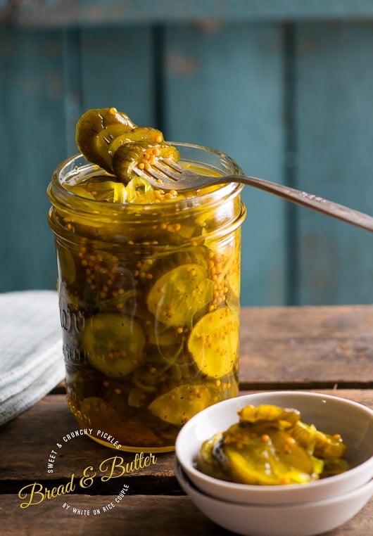 Easy Bread and Butter Pickles in a jar with a fork