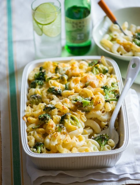 Broccoli Mac and Cheese in a ceramic baking dish