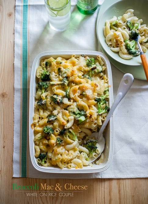 Broccoli Mac and Cheese in a ceramic baking dish