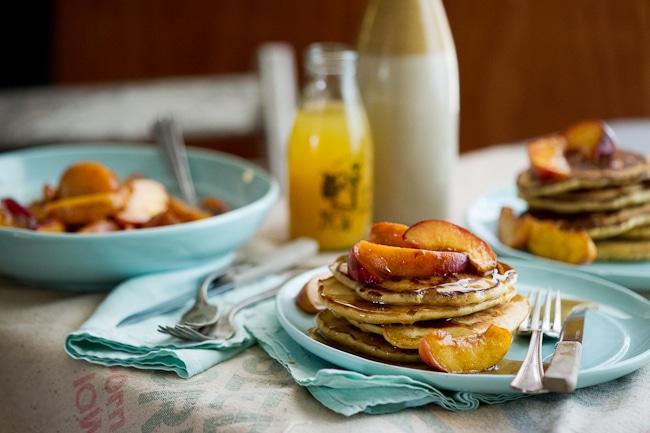 brown butter pancakes recipe with glazed peaches