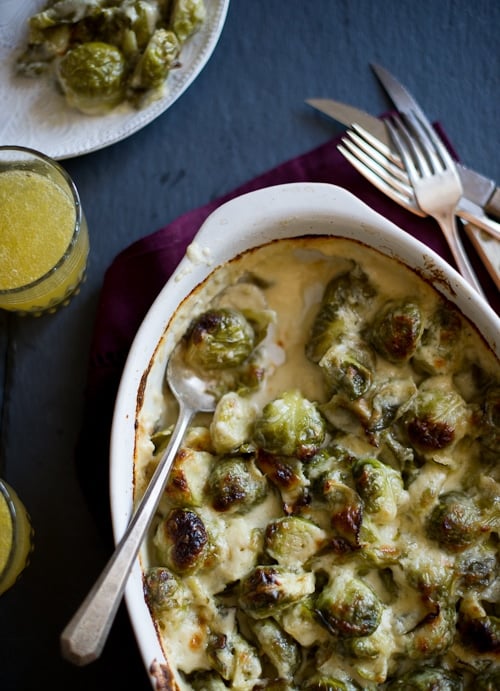 Creamy, cheesy and tender brussels sprouts gratin in a baking dish