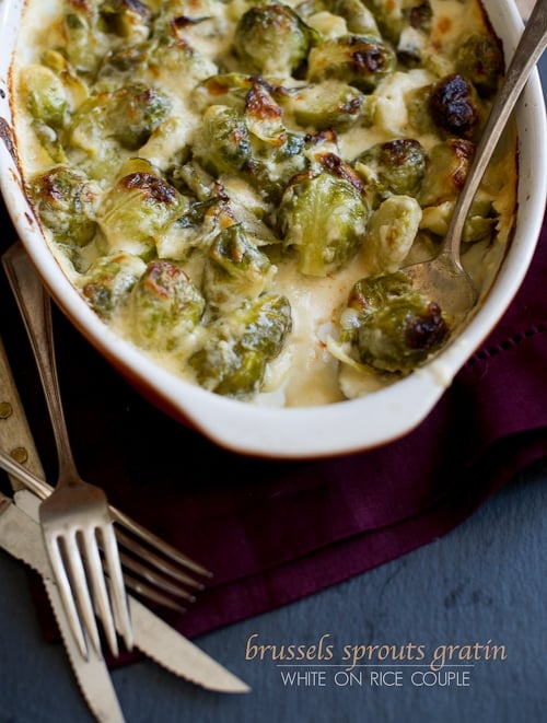 Cheesy Brussels Sprouts Gratin Recipe for Thanksgiving Brussels Sprouts Casserole in a baking dish