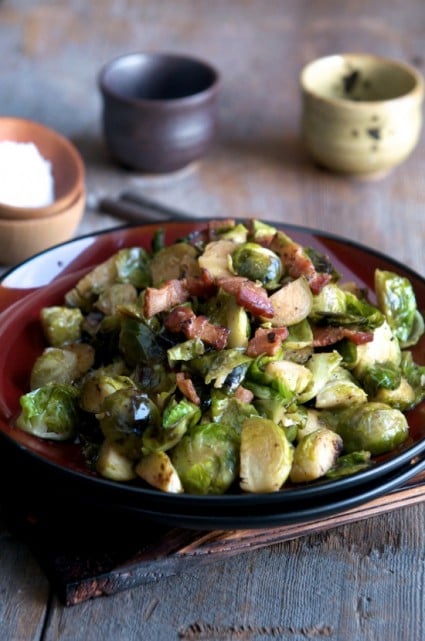 Braised Brussels Sprouts with Bacon and Shallots on a plate