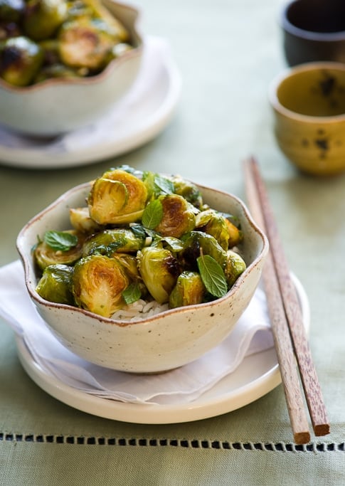 Roasted Brussels Sprouts Recipe with Sriracha Sauce and Mint from WhiteOnRiceCouple.com