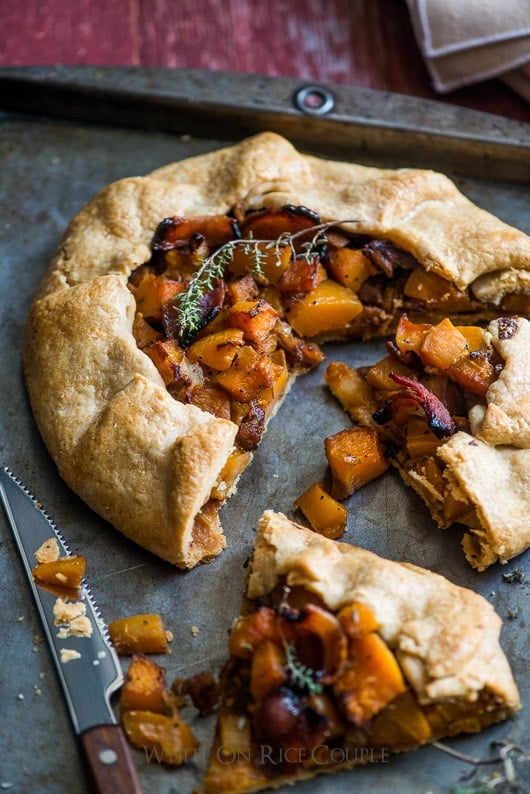 Butternut Squash and Bacon Galette on a baking sheet