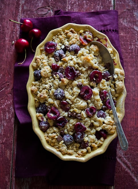 chocolate cherry crisp in a bowl