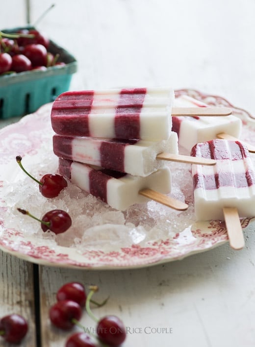 Sweet Cherry-Bomb and Coconut Milk Ice Pops on a plate