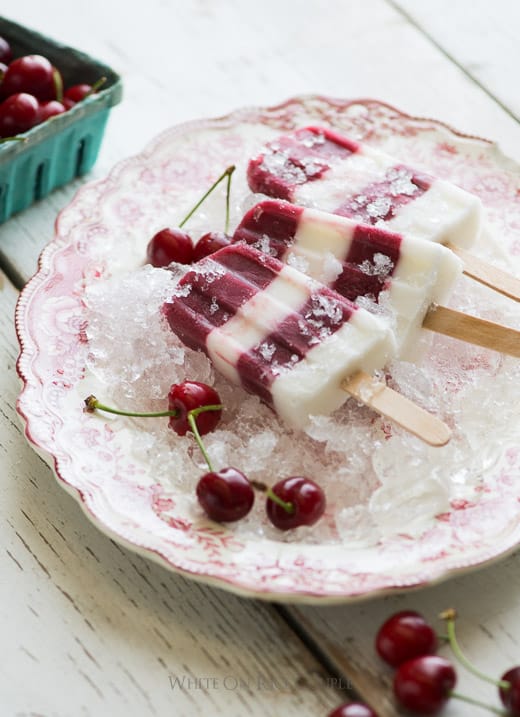 Sweet Cherry-Bomb and Coconut Milk Ice Pops on a plate