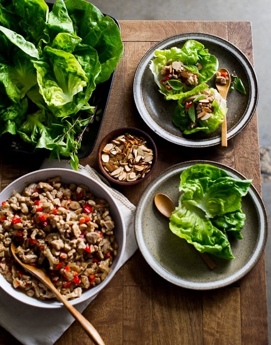 Healthy Almond-Basil Chicken Lettuce Wraps on a plate 