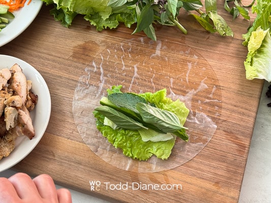 lettuce and herbs on rice paper