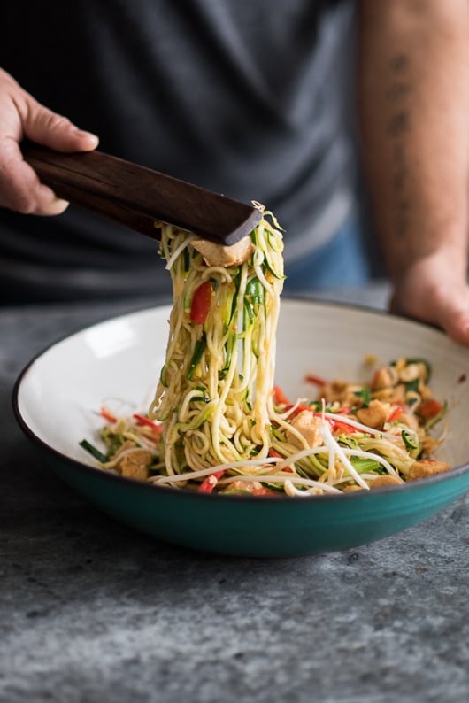 Healthy Chicken Zucchini Noodle Pad Thai on a plate