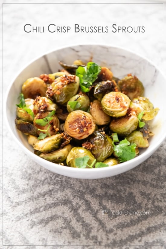bowl of chili crisp brussels sprouts