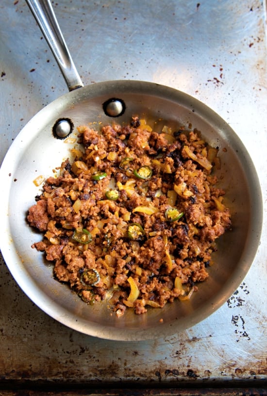 hot chorizo dip in a skillet 