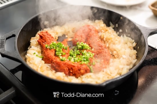 chorizo and chiles in pan