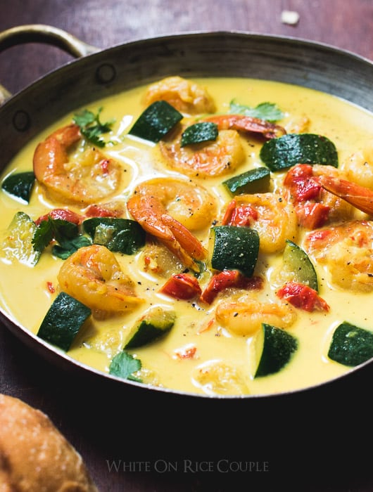 Wonderful 30 minute coconut curry recipe with shrimp, vegetables in a skillet