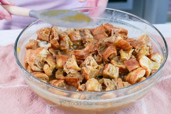 egg pumpkin curd added to croissant cubes