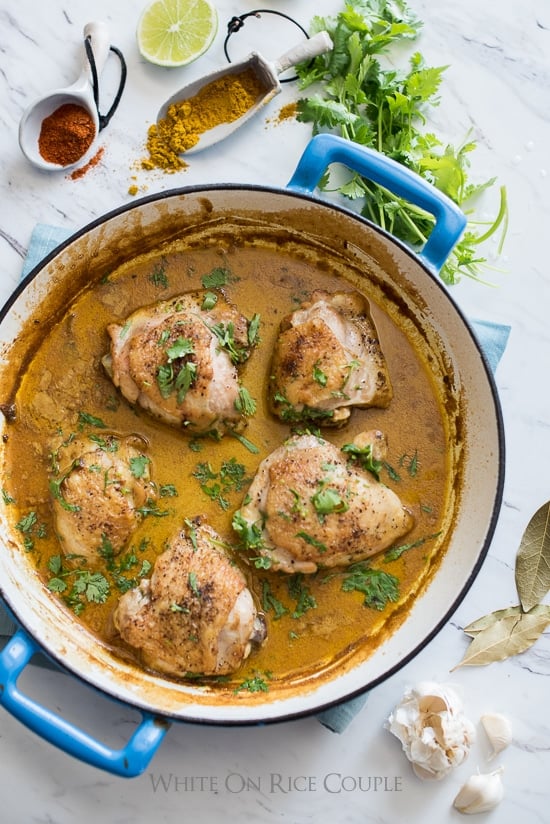 Curry Coconut Milk Chicken Thighs in a skillet