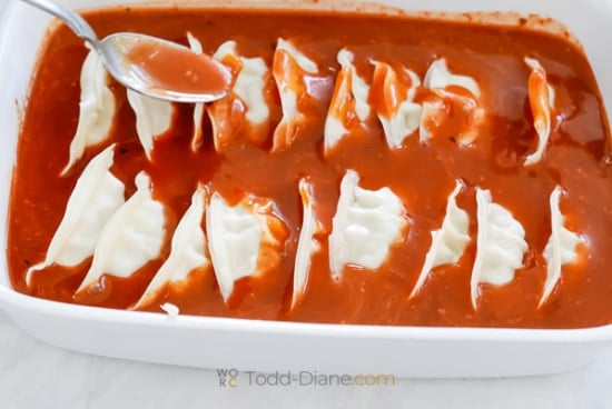 frozen dumplings in enchilada sauce