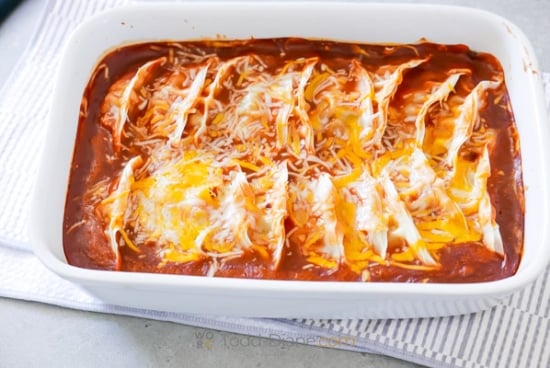 baked dumplings in enchilada sauce