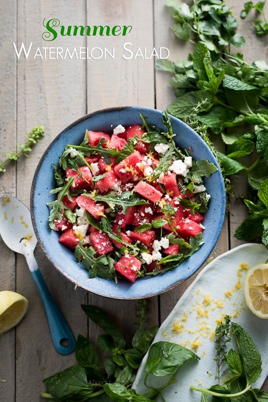 arugula watermelon feta salad with your favorite fresh herbs