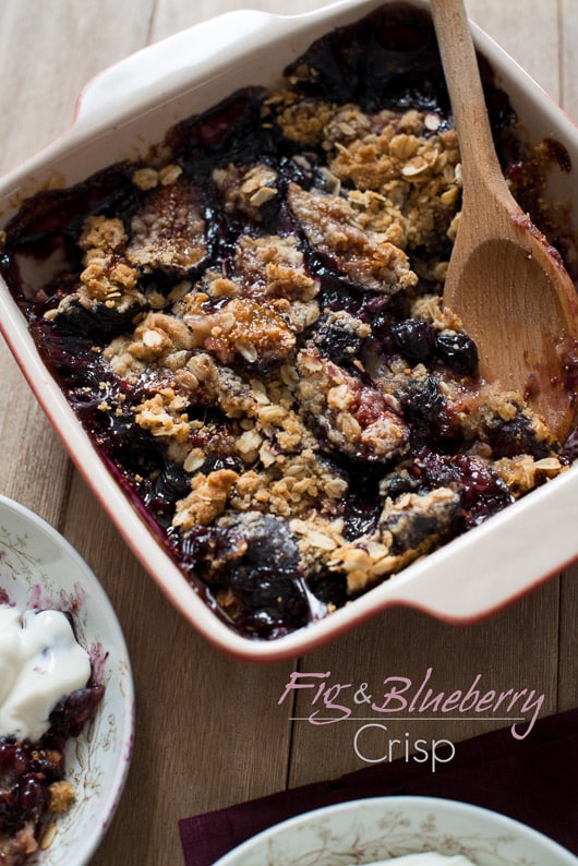 Sticky Fig and Blueberry Crisp in a baking dish